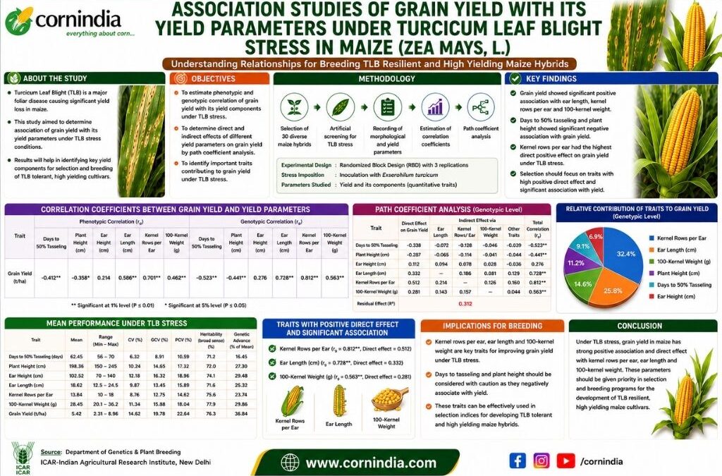 Association Studies of Grain Yield with its Yield Parameters Under Turcicum Leaf Blight Stress in Maize (Zea Mays,L.)