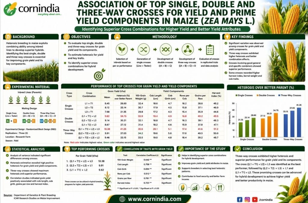 Association of top single, double and three-way crosses for yield and prime yield components in maize (Zea Mays l.)